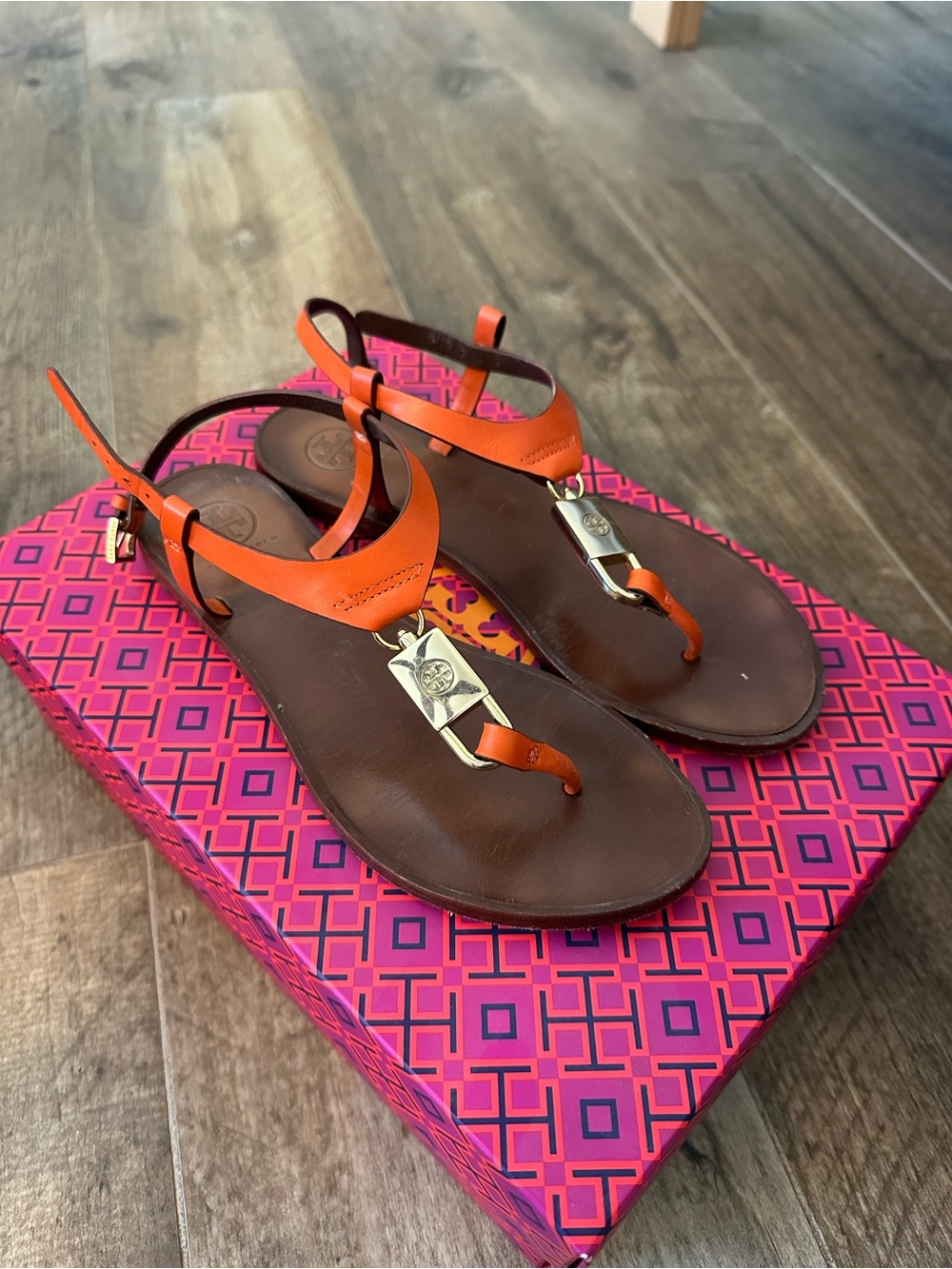 Tory Burch Orange Vegan Leather Padlock Sandals